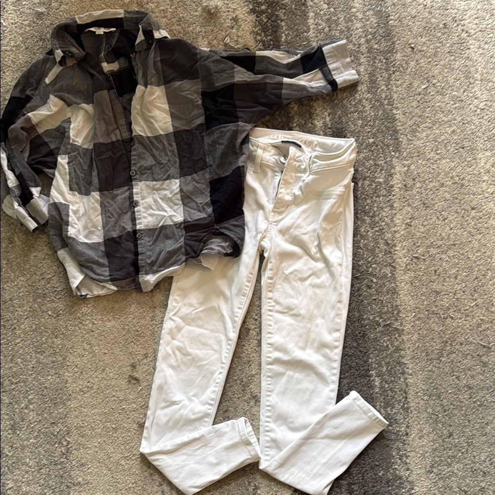 Plaid Button-Up Shirt and White Jeans Set